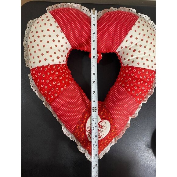 Vintage Handmade Patchwork Heart Pillow Strawberries Patch Love Ruffles 17” - Picture 6 of 9
